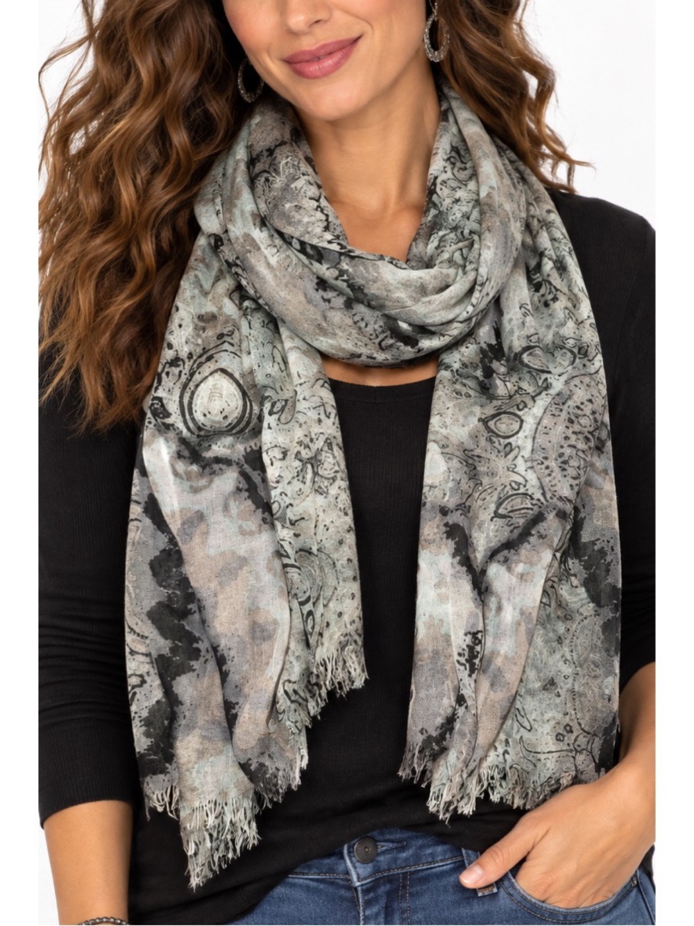 Cynthia Rowley lightweight, fringed fashion scarf in soft neutral & muted tones